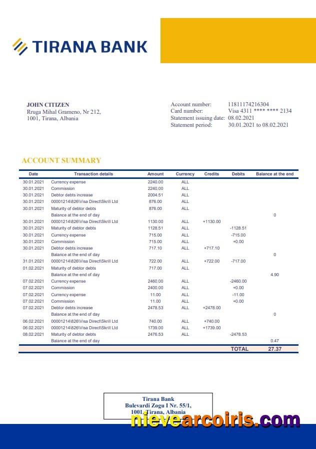 Albania Tirana bank statement